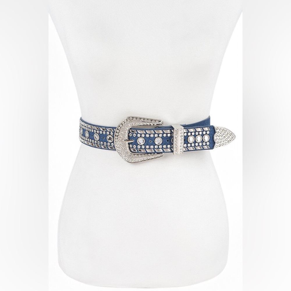 Denim Blue & Silver Rhinestone Studded Western Statement Belt